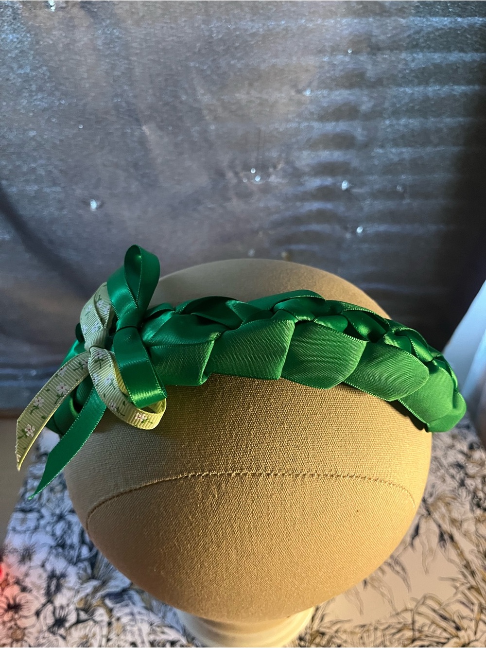 Handmade Green Satin Braided Headband with Bow